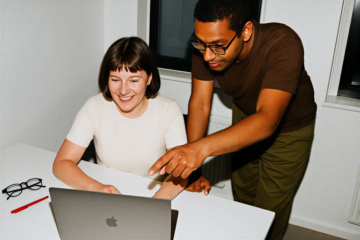 Two colleagues reviewing work on a laptop