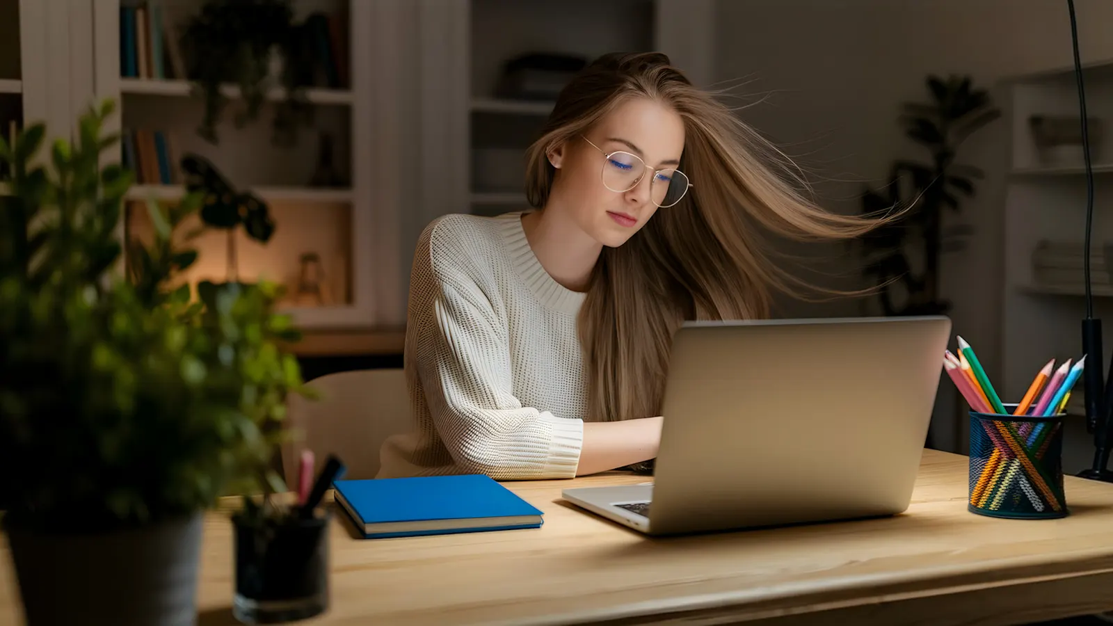 Analyst working at a laptop in a home office