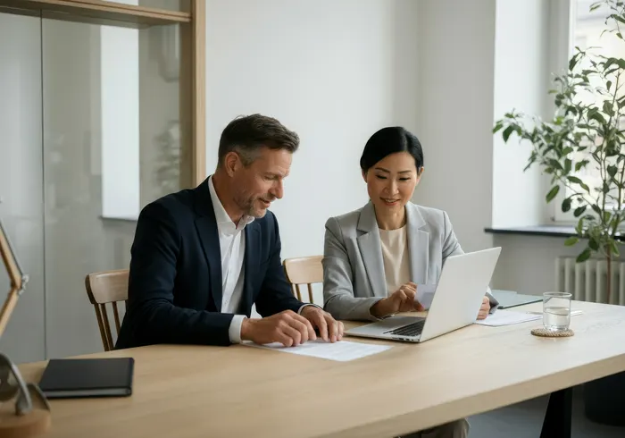A man and a woman sitting at a wooden table in an office, reviewing documents together with a laptop open in front of them.